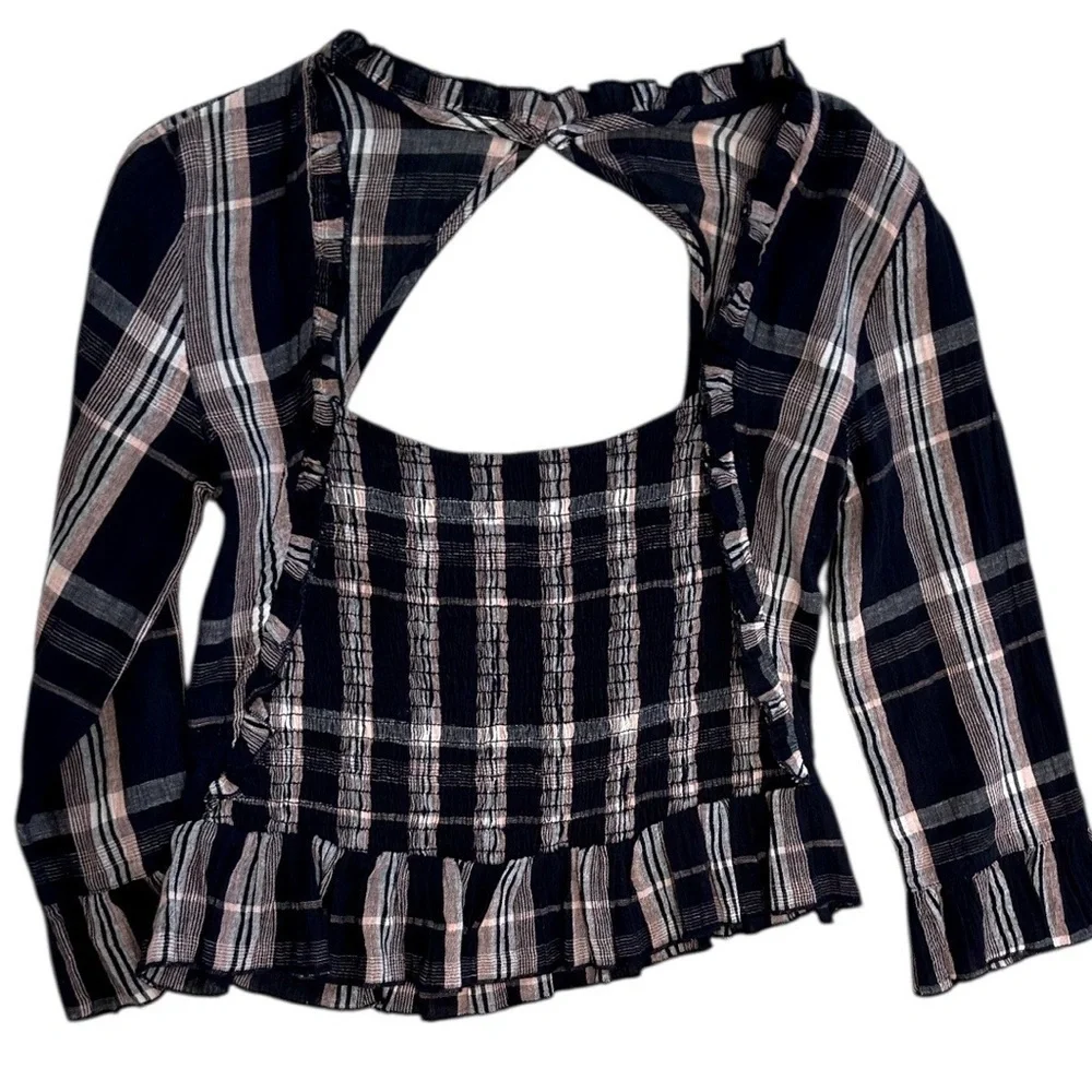 Free People Shirred w Elastic Blue Plaid Long-Sleeved Smocked Plaid Crop Shirt